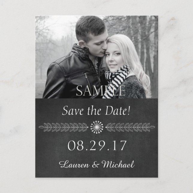 Chalkboard Black and White Save the Date Announcement Postcard (Front)