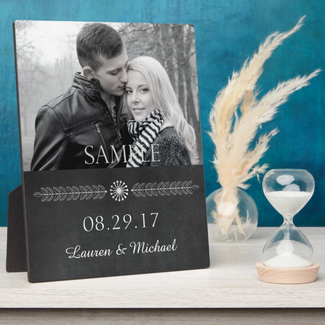 Chalkboard Black and White Wedding Photo Template Plaque (Side)