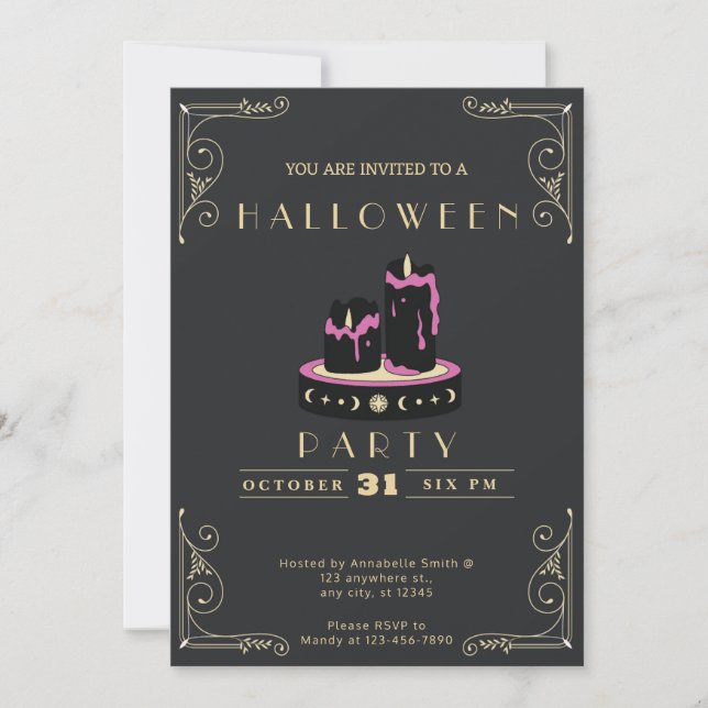 Chalkboard Black & Gold Black Candles Halloween Invitation (Front)