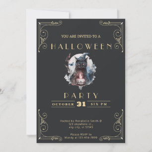 Chalkboard Black & Gold Black Cat Halloween Invitation