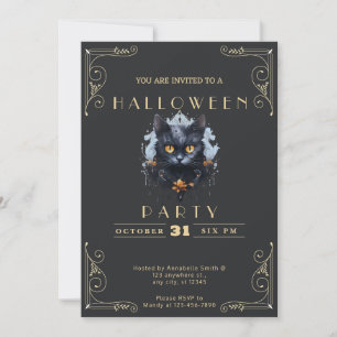 Chalkboard Black & Gold Black Cat Halloween Invitation