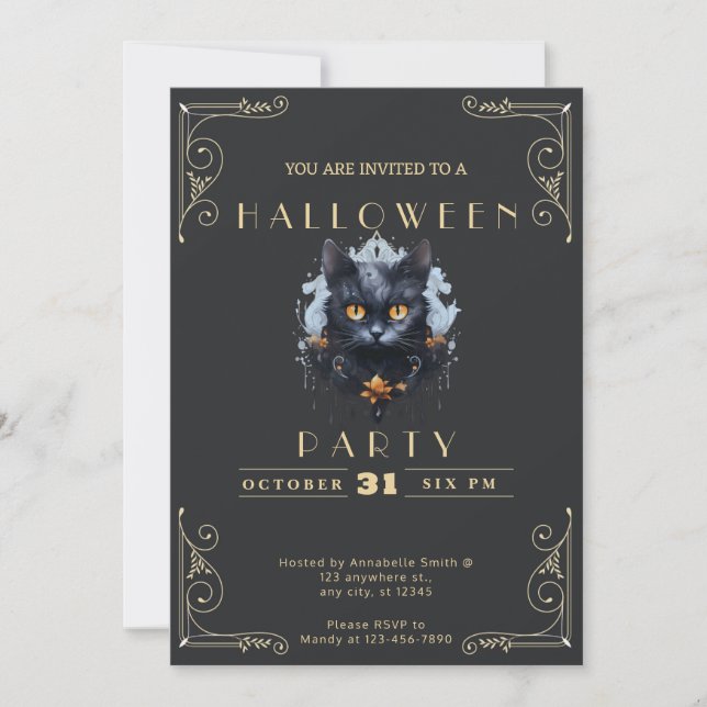 Chalkboard Black & Gold Black Cat Halloween Invitation (Front)