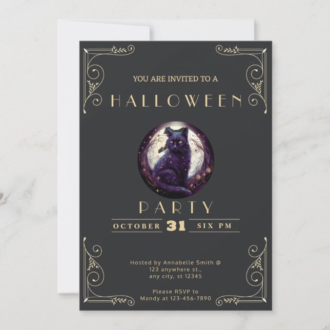 Chalkboard Black & Gold Black Cat Moon Halloween Invitation (Front)