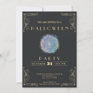 Chalkboard Black & Gold Blue Pentagram Halloween Invitation