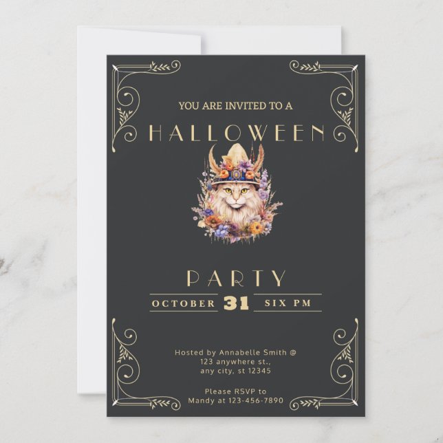 Chalkboard Black & Gold Boho Cat Halloween Invitation (Front)