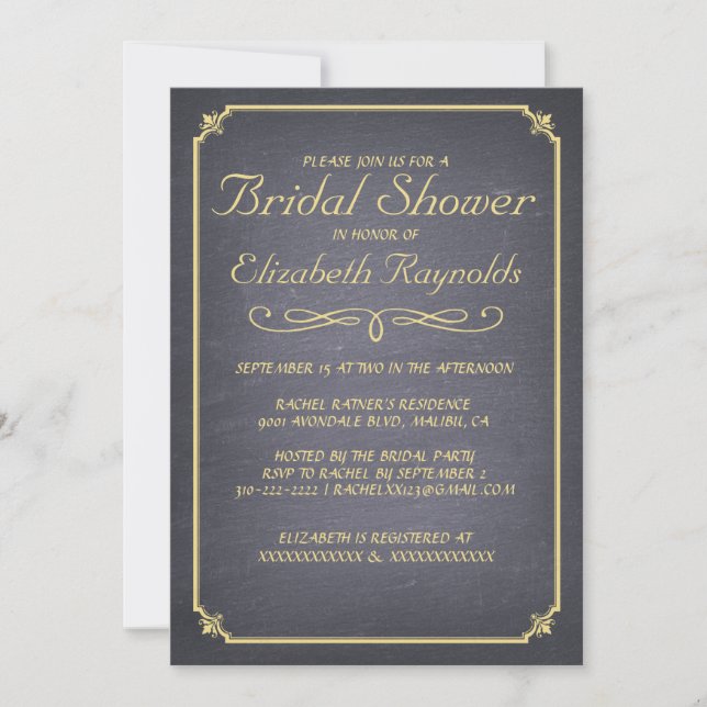 Chalkboard Black & Gold Bridal Shower Invitations (Front)
