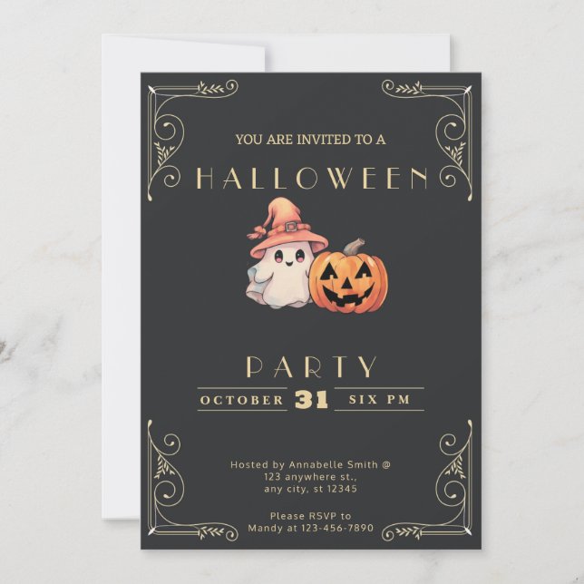 Chalkboard Black & Gold Cute Ghost Halloween Invitation (Front)