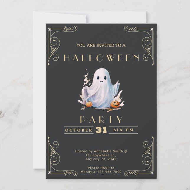 Chalkboard Black & Gold Cute Ghost Halloween Invitation (Front)