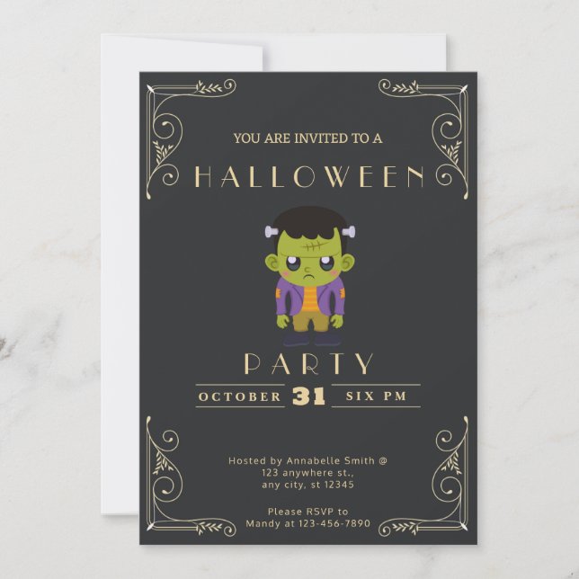 Chalkboard Black & Gold Cute Monster Halloween Invitation (Front)