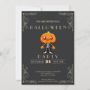 Chalkboard Black & Gold Cute Pumpkinhead Halloween Invitation