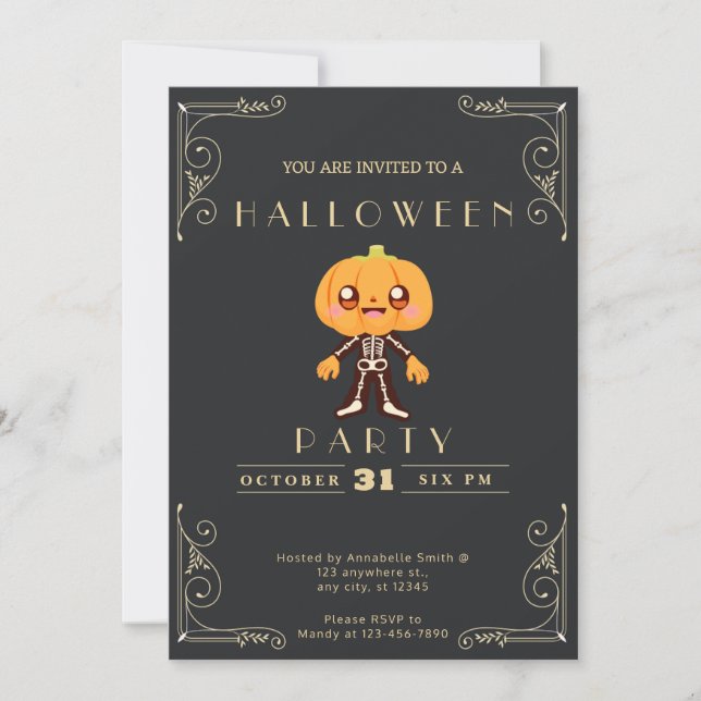 Chalkboard Black & Gold Cute Pumpkinhead Halloween Invitation (Front)