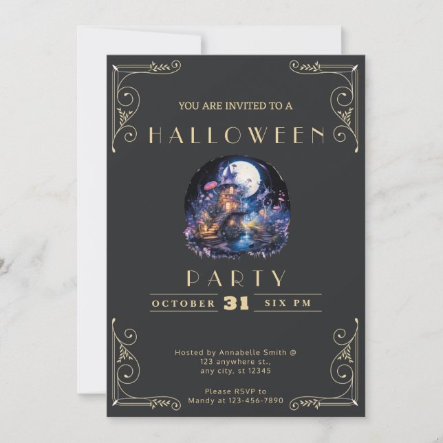 Chalkboard Black & Gold Elfin Home Halloween Invitation (Front)