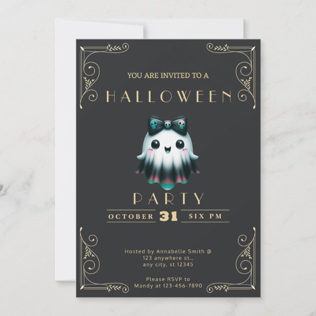 Chalkboard Black & Gold Ghost Bow Skulls Halloween Invitation (Front)