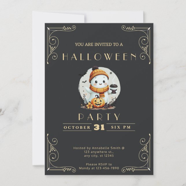Chalkboard Black & Gold Ghost Coffee Halloween Invitation (Front)