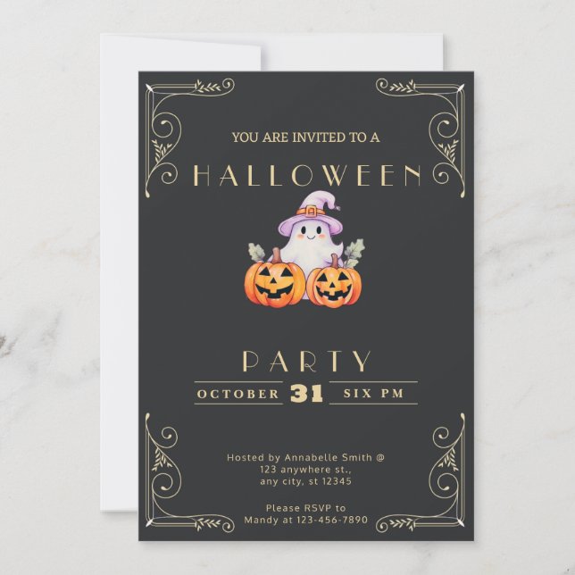 Chalkboard Black & Gold Ghost Halloween Invitation (Front)