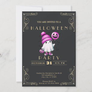 Chalkboard Black & Gold Ghost Hat Bats Halloween Invitation