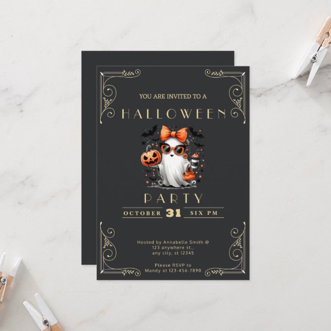 Chalkboard Black & Gold Ghost Stars Bats Halloween Invitation (Front/Back In Situ)