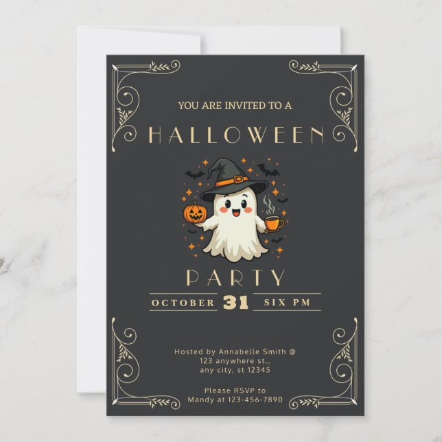 Chalkboard Black & Gold Ghost Stars Bats Halloween Invitation (Front)