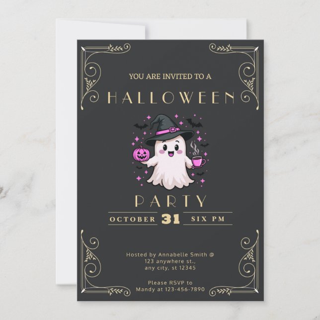 Chalkboard Black & Gold Ghost Stars Bats Halloween Invitation (Front)