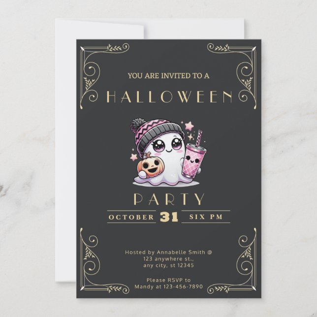 Chalkboard Black & Gold Ghost Stars Cute Halloween Invitation (Front)