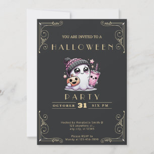 Chalkboard Black & Gold Ghost Stars Cute Halloween Invitation