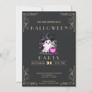 Chalkboard Black & Gold Ghost Wizard Hat Halloween Invitation