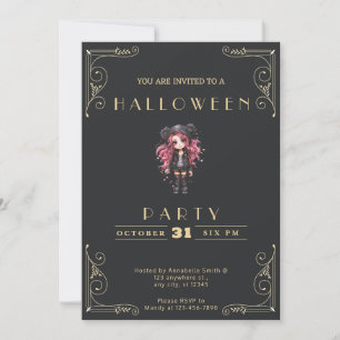 Chalkboard Black & Gold Gothic Girl Halloween Invitation