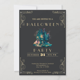 Chalkboard Black & Gold Haunted House Halloween Invitation