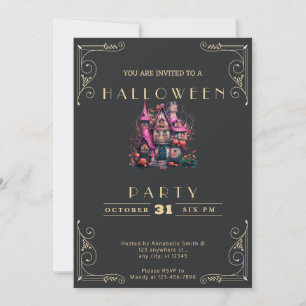 Chalkboard Black & Gold Haunted House Halloween Invitation