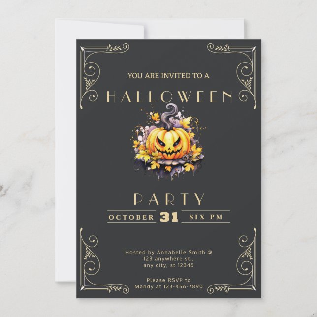 Chalkboard Black & Gold Jack-O' Lantern Halloween Invitation (Front)