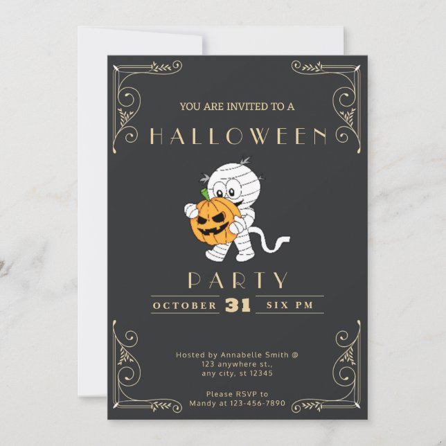 Chalkboard Black & Gold Mummy & Pumpkin Halloween Invitation (Front)