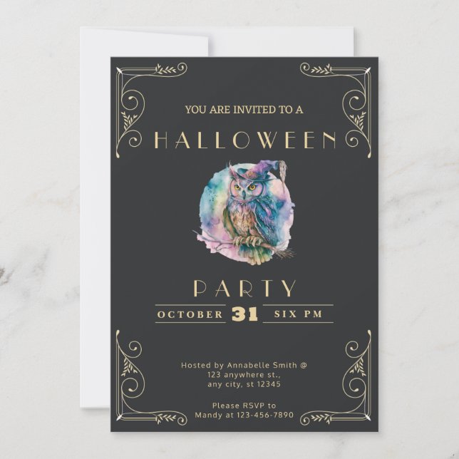 Chalkboard Black & Gold Pastel Owl Halloween Invitation (Front)