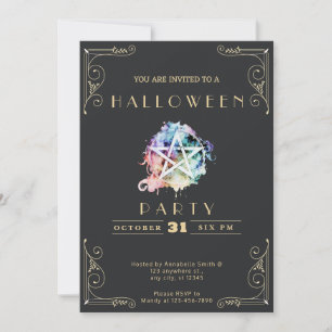 Chalkboard Black & Gold Pentagram Halloween Invitation