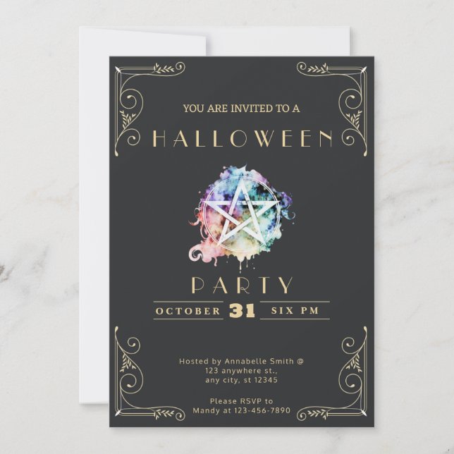 Chalkboard Black & Gold Pentagram Halloween Invitation (Front)