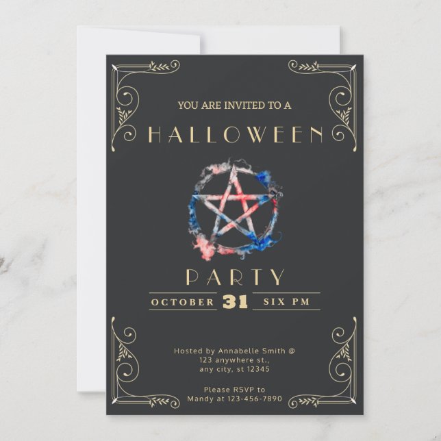 Chalkboard Black & Gold Pentagram Halloween Invitation (Front)