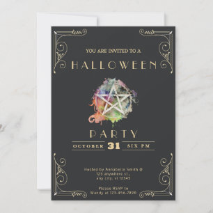 Chalkboard Black & Gold Pentagram Halloween Invitation