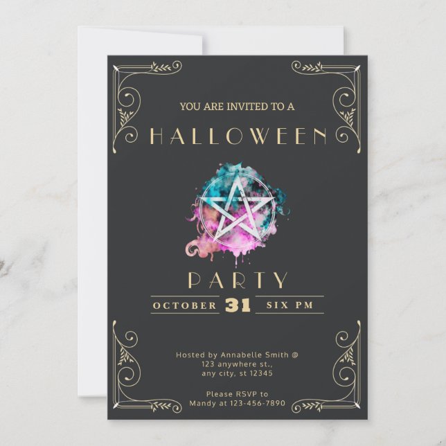 Chalkboard Black & Gold Pentagram Halloween Invitation (Front)