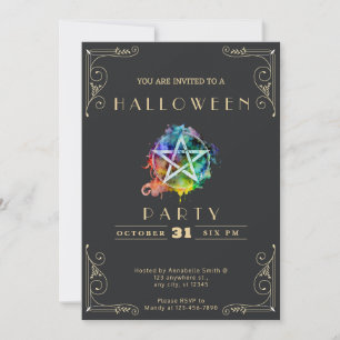 Chalkboard Black & Gold Pentagram Halloween Invitation