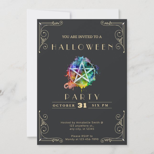 Chalkboard Black & Gold Pentagram Halloween Invitation (Front)