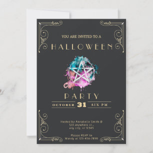 Chalkboard Black & Gold Pentagram Halloween Invitation