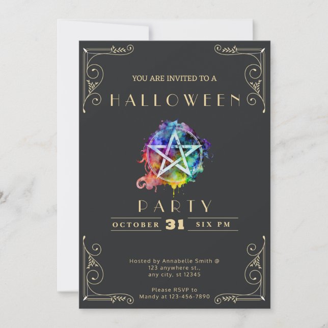 Chalkboard Black & Gold Pentagram Halloween Invitation (Front)