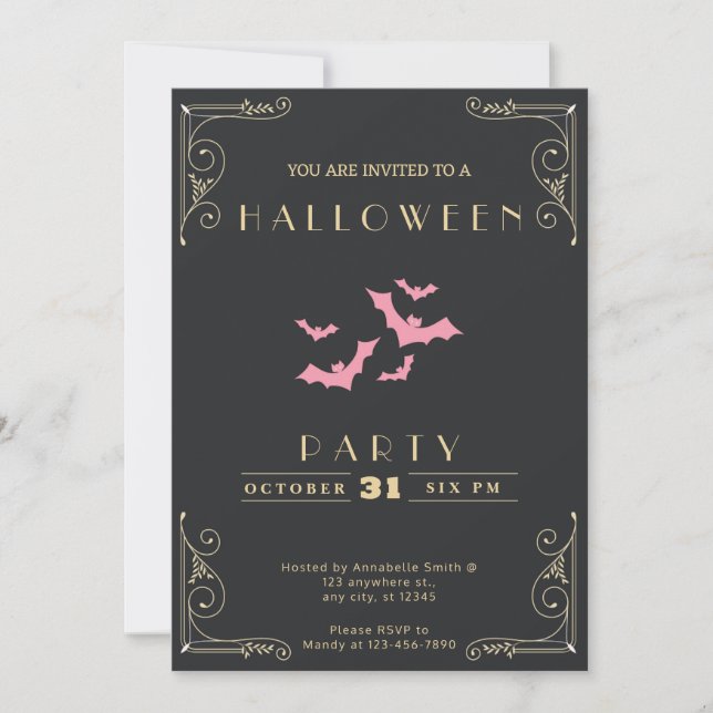 Chalkboard Black & Gold Pink Bats Halloween Invitation (Front)