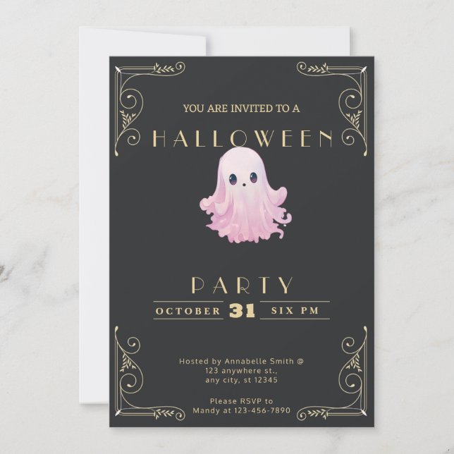 Chalkboard Black & Gold Pink Ghost Halloween Invitation (Front)