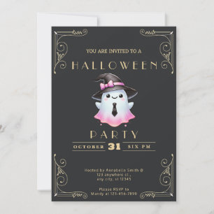 Chalkboard Black & Gold Pink White Ghost Halloween Invitation