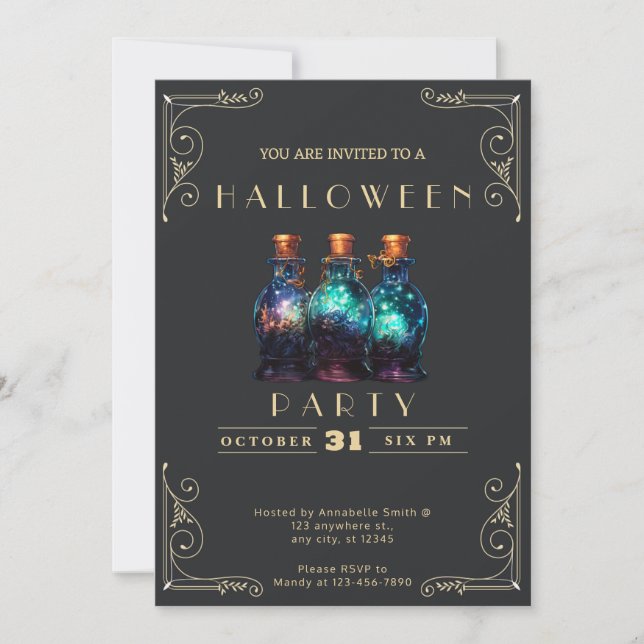 Chalkboard Black & Gold Potion Jars Halloween Invitation (Front)
