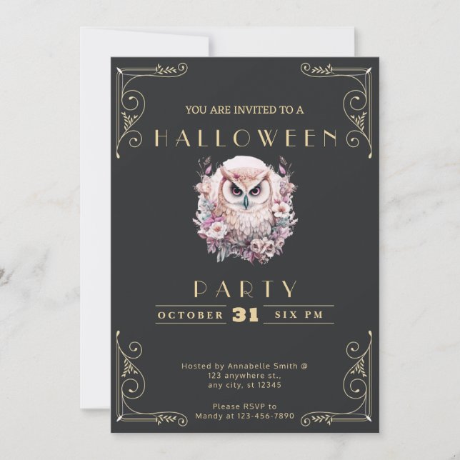 Chalkboard Black & Gold Pretty Owl Halloween Invitation (Front)
