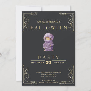 Chalkboard Black & Gold Purple Mummy Halloween Invitation