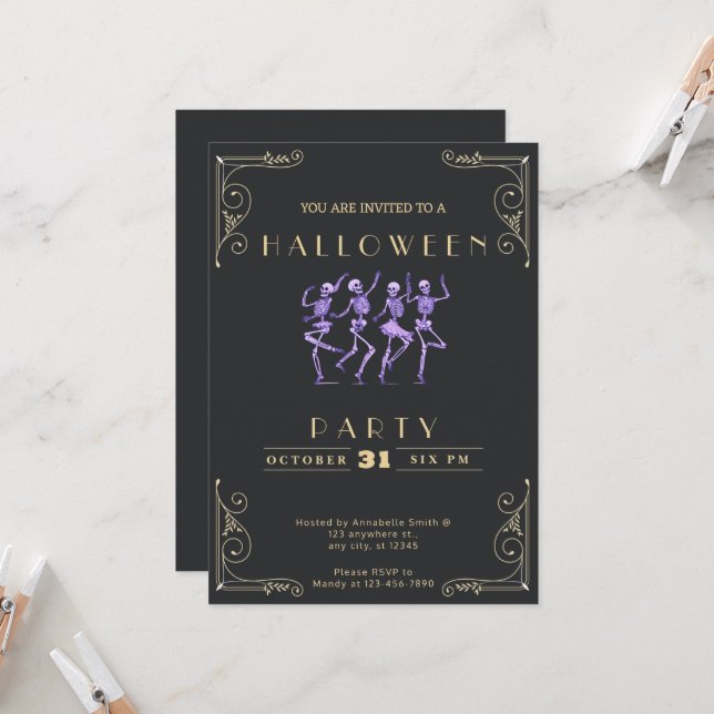 Chalkboard Black & Gold Purple Skeletons Halloween Invitation (Front/Back In Situ)