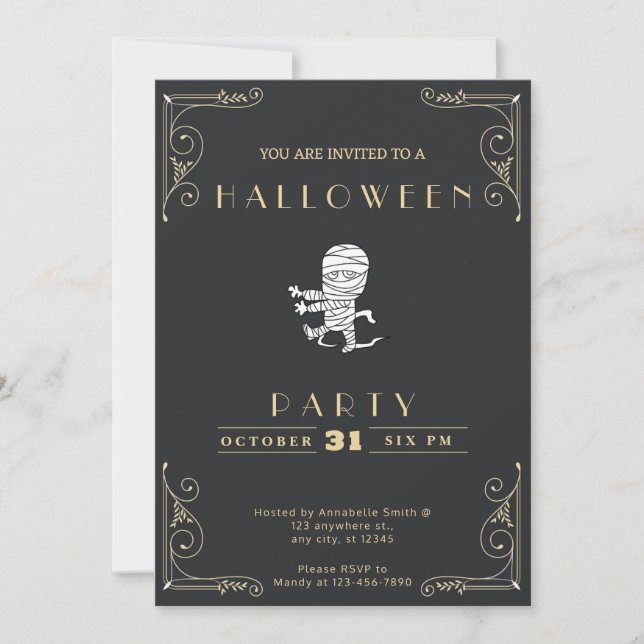 Chalkboard Black & Gold Running Mummy Halloween Invitation (Front)