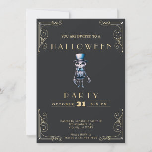 Chalkboard Black & Gold Skeleton Top Hat Halloween Invitation
